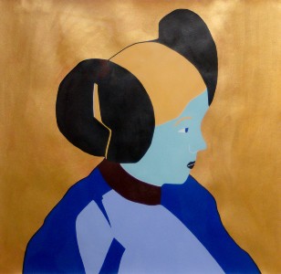 pop art portrait of a women wearing blue outfit with a gold and black headwear