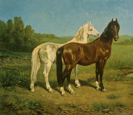 painting of a landscape with two mustang horses, one white on the right and a black one to the right