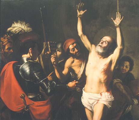painting of the scourging of St Blaise, hanging by his hands while a soldiers in armor with sword and other people inflict paint to him