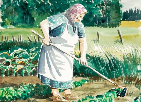 woman with white apron, pink scarf tied around her face, holding a hoe to tend to her garden