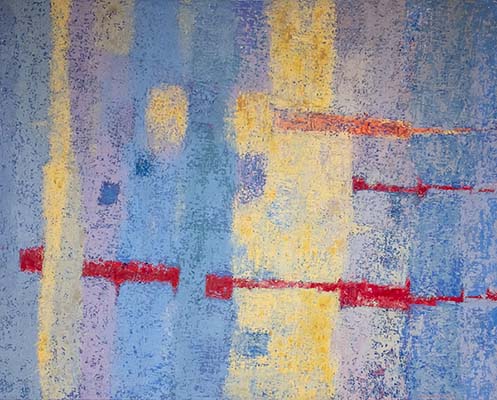 abstract painting with blue, yellow, lavender and red hues