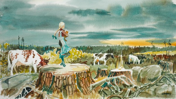 young girl in blue apron with cat in her arm skipping on a stump in the countryside with cows in the background