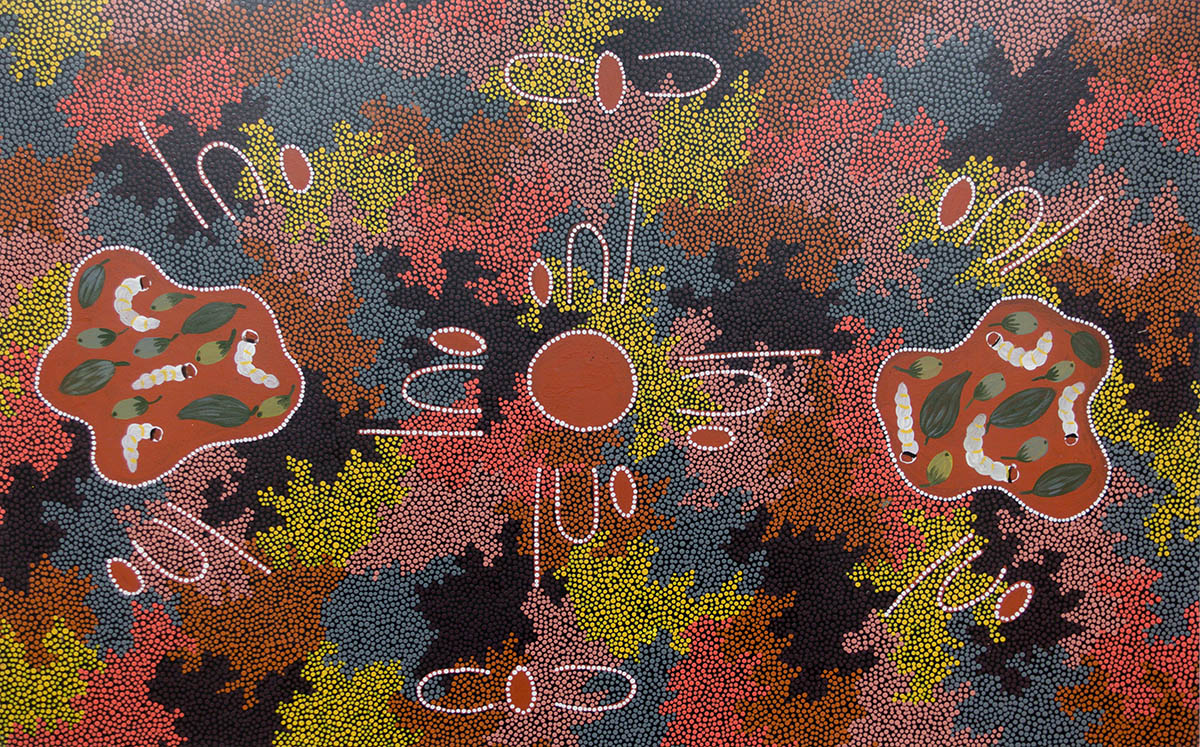 acrylic on canvas made of colorful dots by Barbara Leo Bush, Australian, Aboriginal, Anmatyerre Tribe artist
