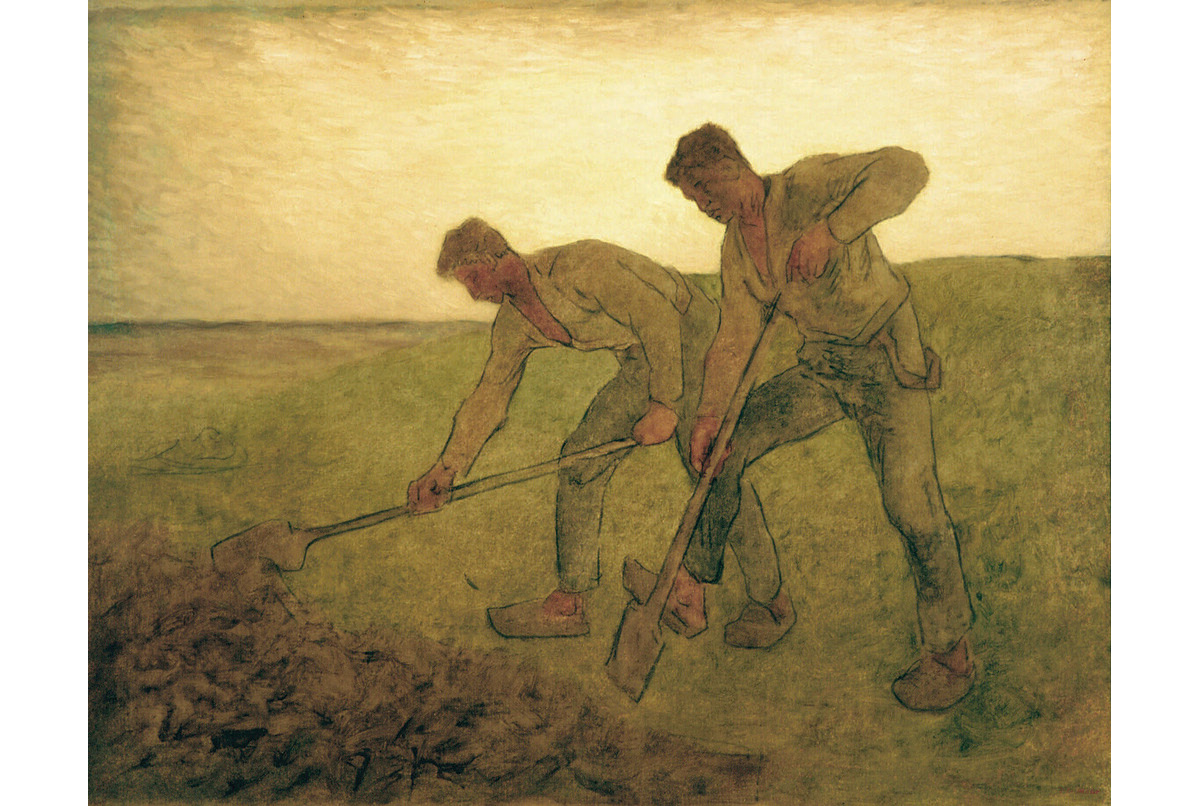 oil painting in green tones representing two male farmers digging a field