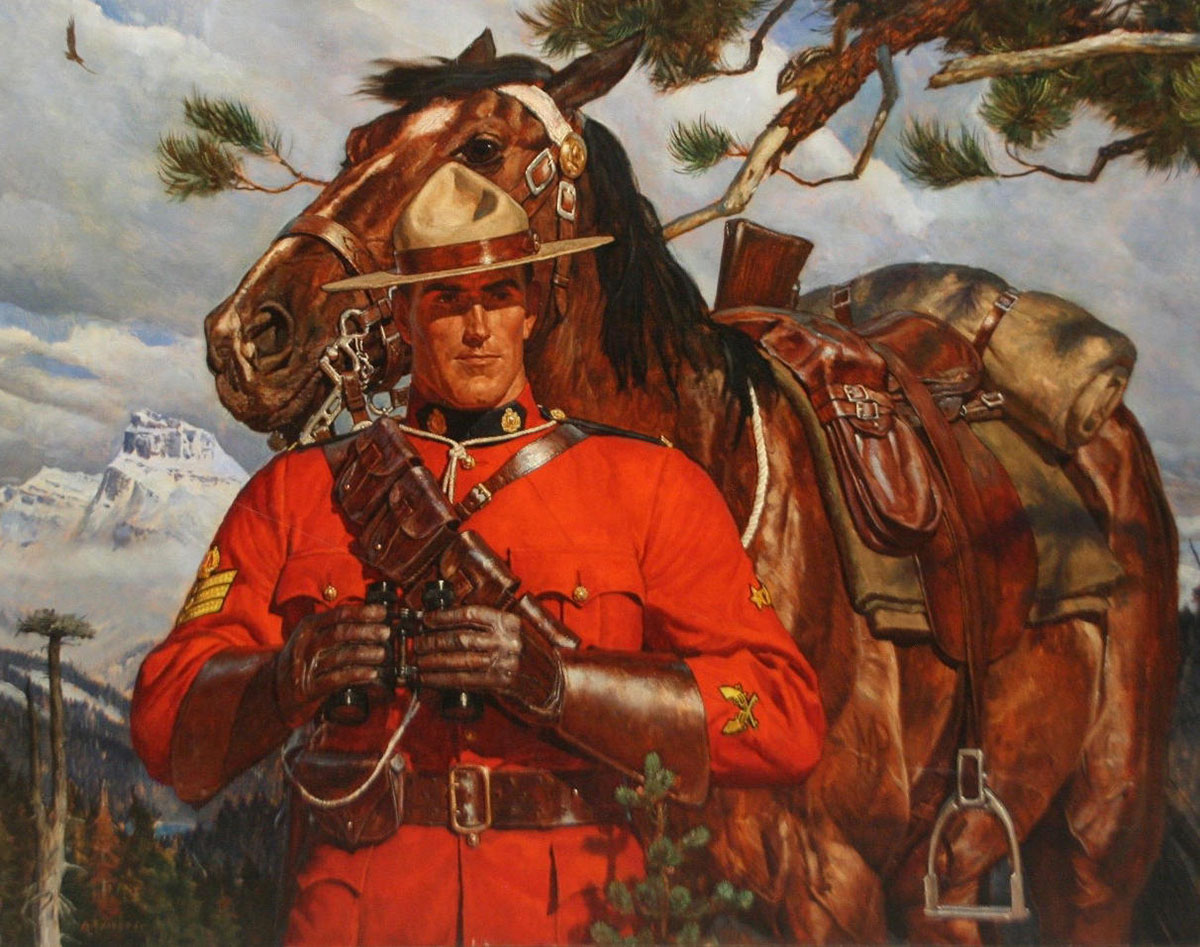 mountie in red uniform standing in front of his horse holding binoculars