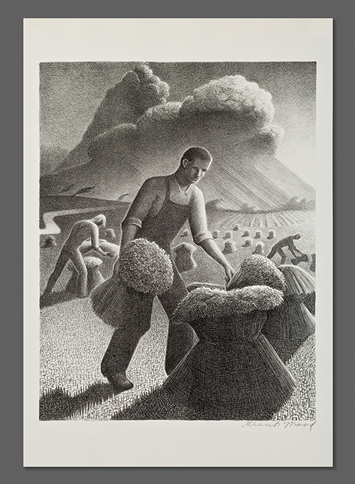 Print of a farmer gathering his harvest under a stormy sky