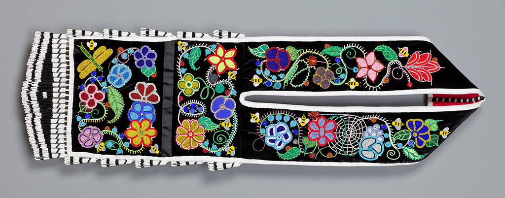 bandolier bag by Native American artist Melvin Losh with woodland motifs and yellow dragonfly