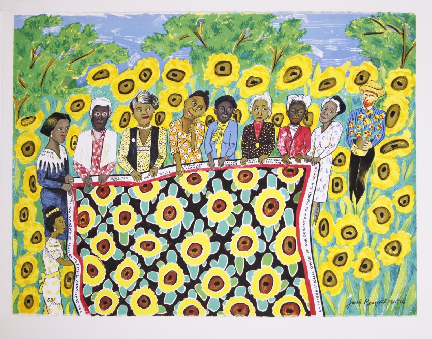 A print of women standing in a field of sunflowers holding a floral blanket.