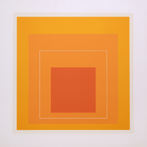 Four overlapping squares in shades of orange, the smallest in the center.