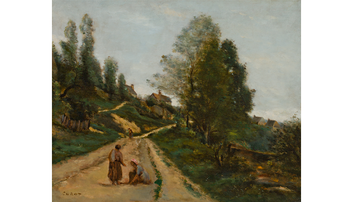painting of two women on a dirt road surrounded by grass and trees