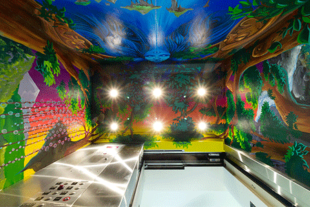 multicolored mural featuring natural elements within Tweed's elevator