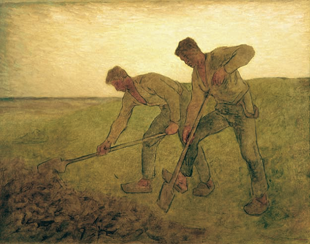 A painting of two people digging in a field.