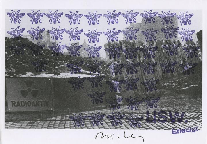 A print with insects superimposed on a photo of a nuclear reactor.