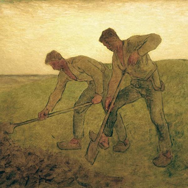 painting of two men working in a field