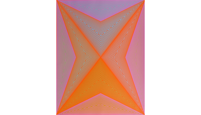 geometric patterned serigraph in orange, pink, and blue