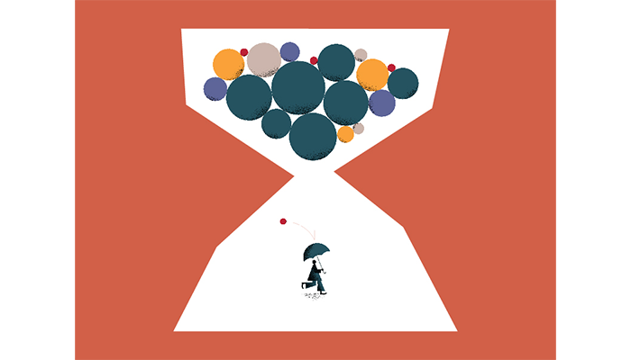 large white graphic hour glass with colored circles in top half and a figure with an umbrella in the bottom half