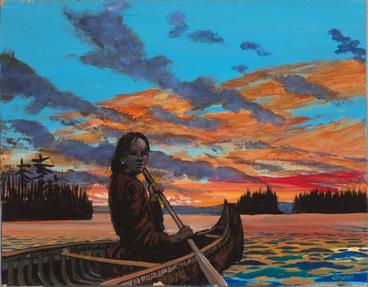 young Native American girl paddling a canoe in the sunset